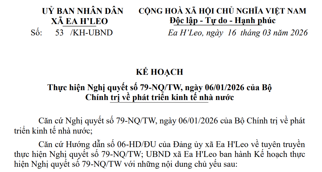 Ea H'Leo ban hành Kế hoạch thực hiện Nghị quyết số 79-NQ/TW về phát triển kinh tế nhà nước